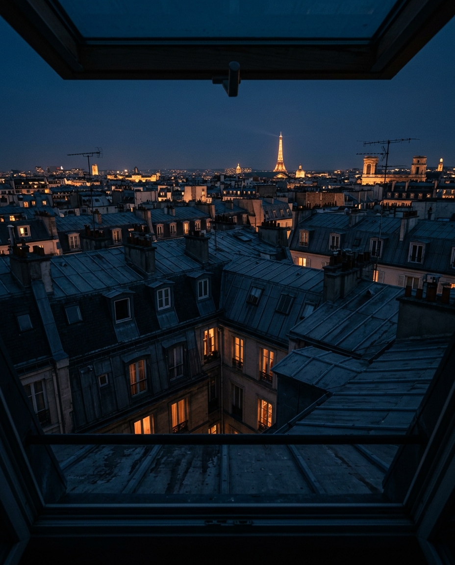 Paris rooftops at dusk with the Eiffel Tower in the distance